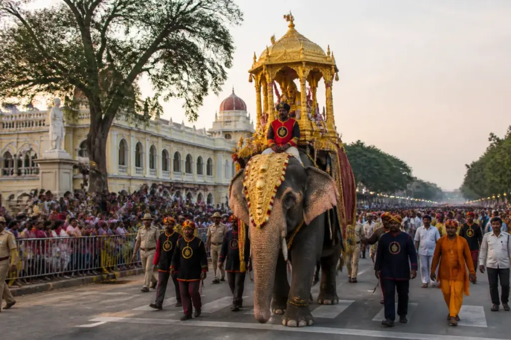 Mysuru Dasara Jumbo Savari elephant Prashantha carrying the golden howdah through the city