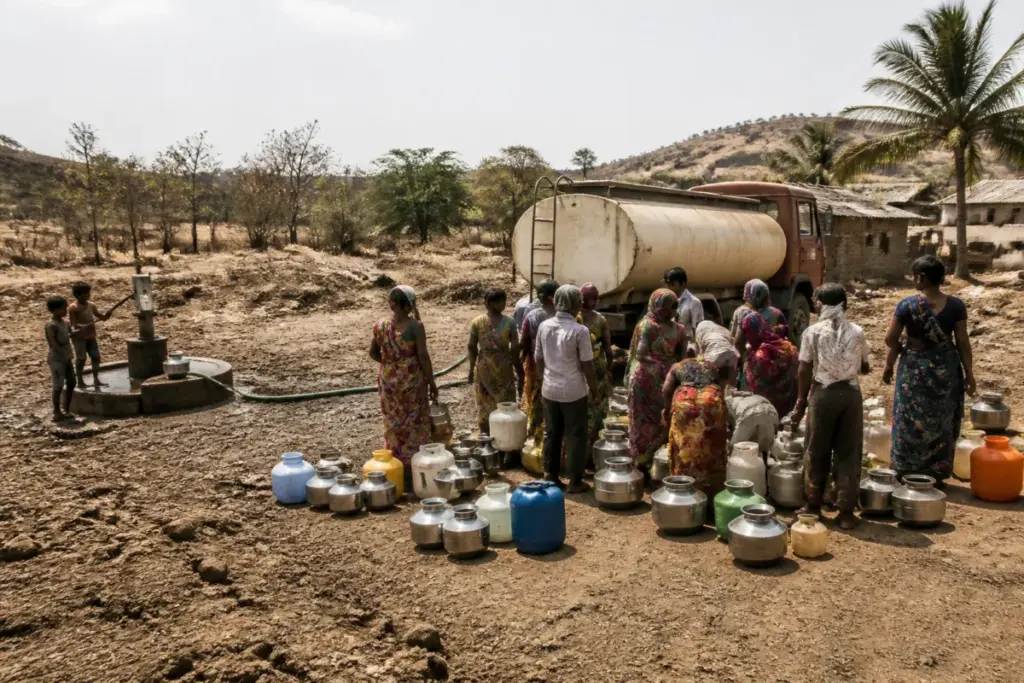 Pune drought measures bringing tanker water to a rural village in Pune district