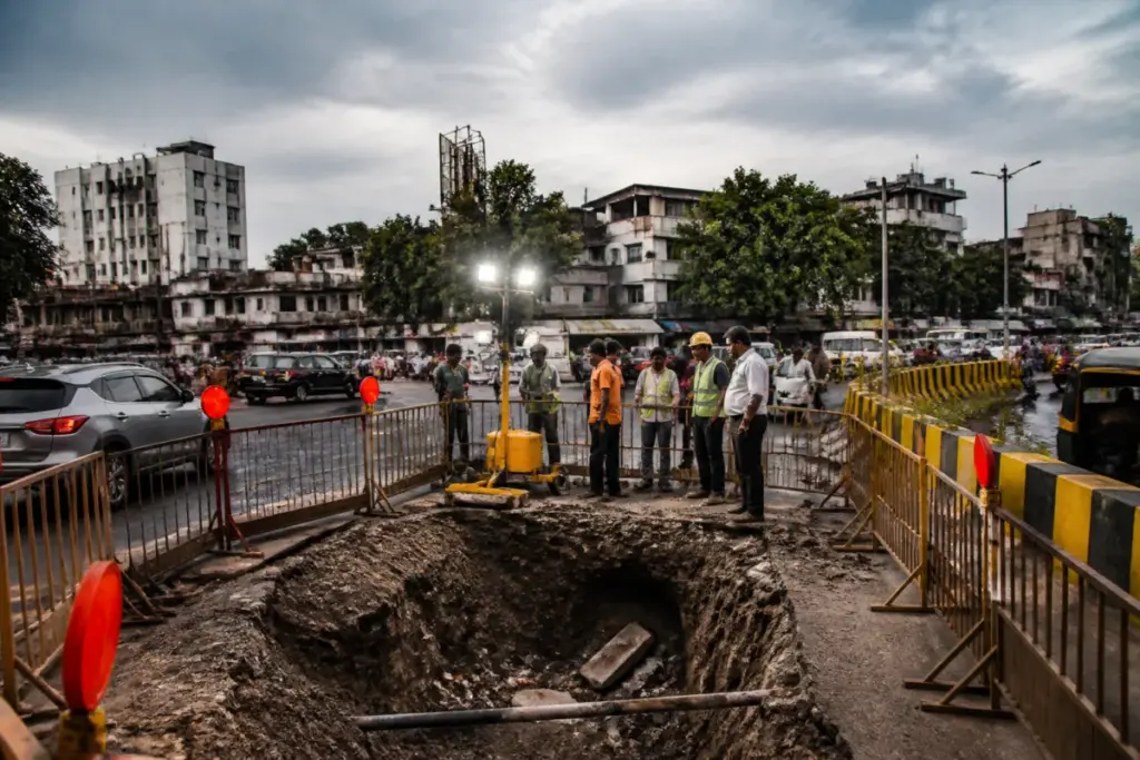 Pune drainage death site near Yerwada with a barricaded sewer excavation on an urban road