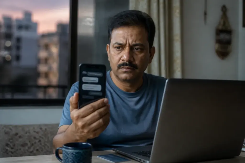 Pune cyber fraud warning shown on a smartphone beside a banking app