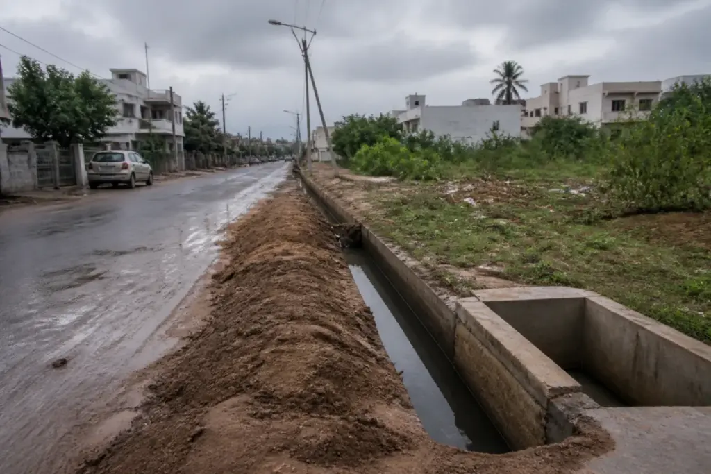Ahmedabad open drainage line near a muddy urban road in Piplej
