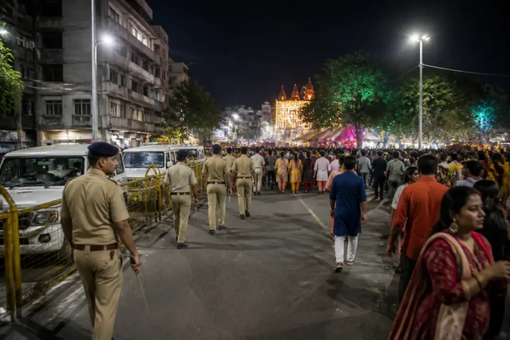 Ahmedabad Navratri festival crowd and police patrol during night-time urban celebrations