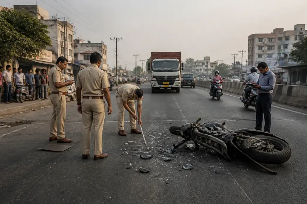 Ahmedabad hit-and-run accidents scene with police investigation near an urban road