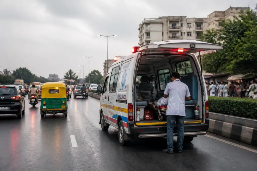 Gujarat 108 emergency service ambulance responding on a busy festival-period road