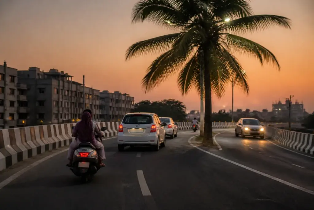 Ahmedabad road safety hazard caused by a tree obstructing a newly built road in Ramol