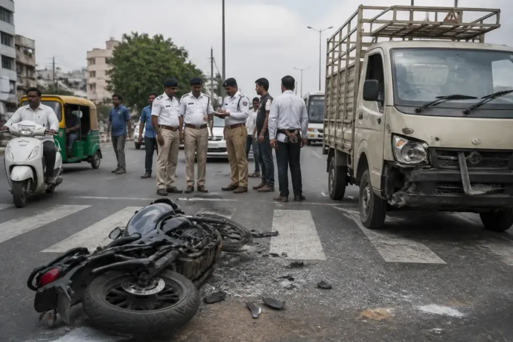 Ahmedabad road accidents scene on an urban road with motorcycles and emergency responders