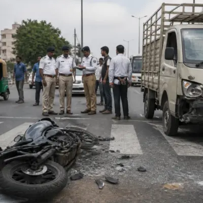 Ahmedabad road accidents scene on an urban road with motorcycles and emergency responders