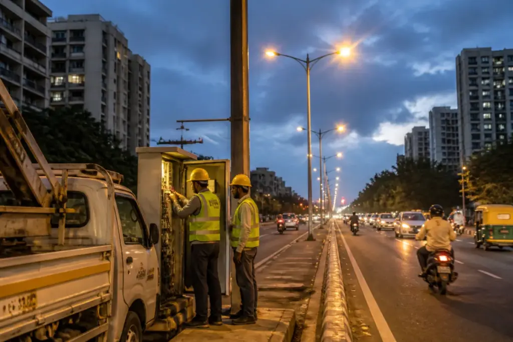 Ahmedabad streetlight maintenance workers and illuminated roads at dusk