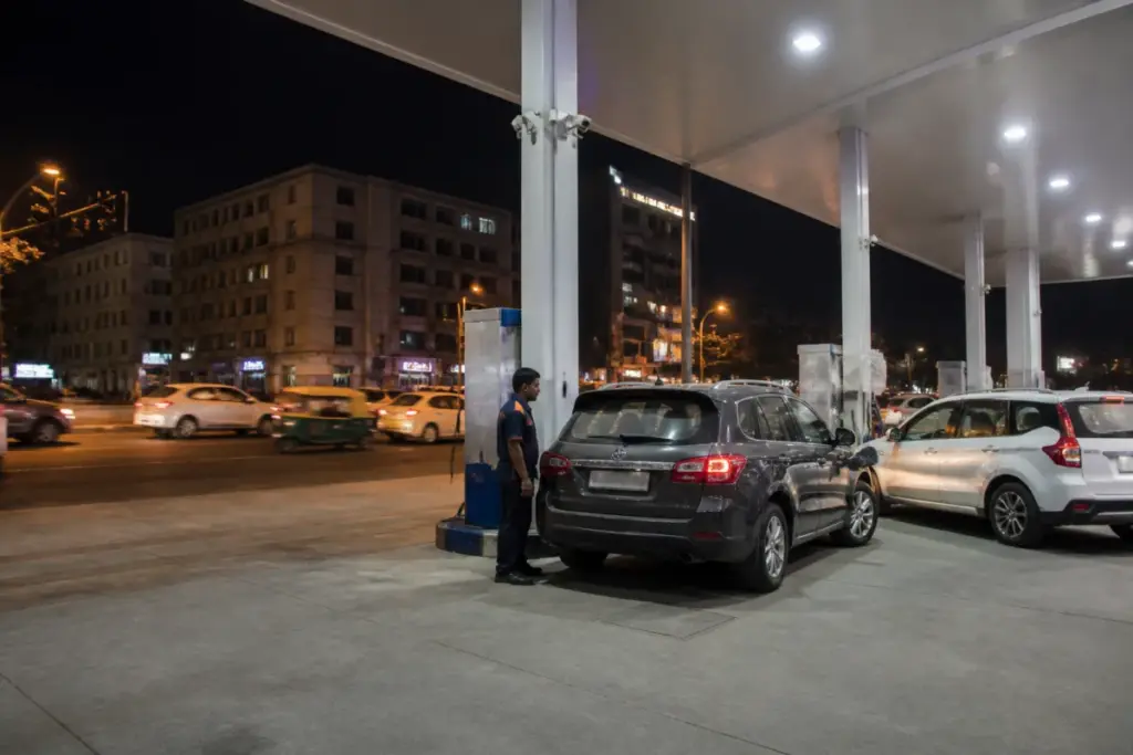 Ahmedabad petrol pump on Ambli Road during a night shift