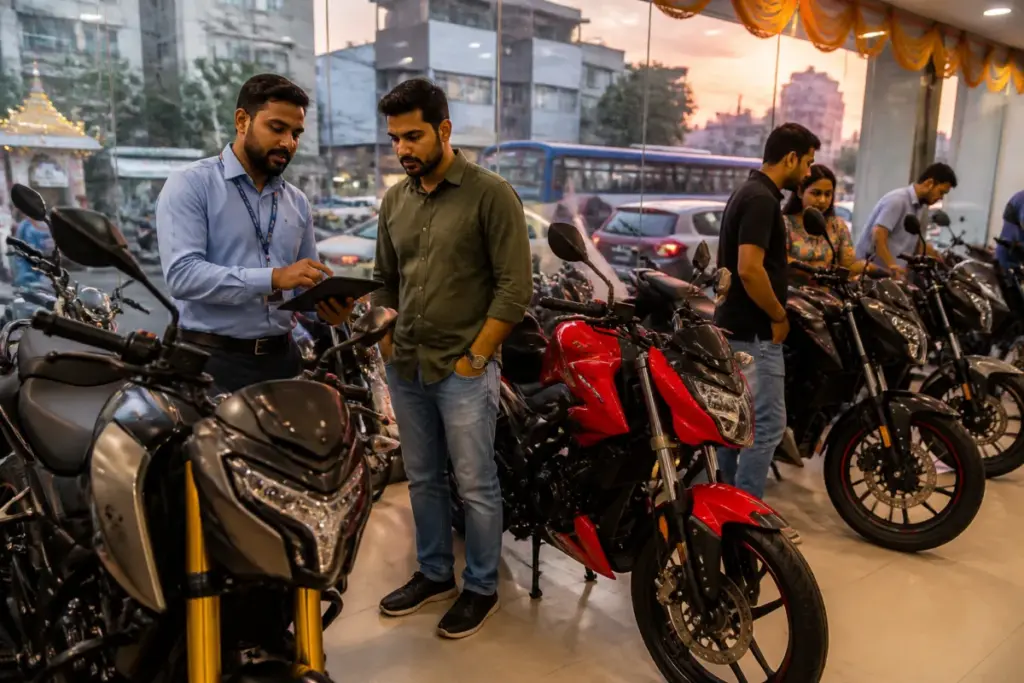 Motorcycle festive discounts displayed at an Indian two-wheeler dealership