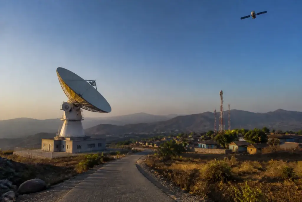 Jio satellite broadband concept over a remote Indian settlement with ground connectivity infrastructure