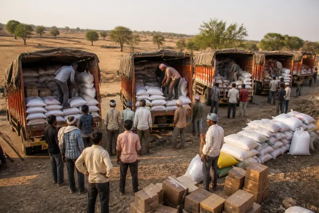 Maharashtra drought relief trucks carrying Diwali supplies for farmers