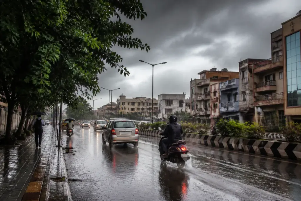 Chennai rain forecast showing wet city streets under dark monsoon clouds