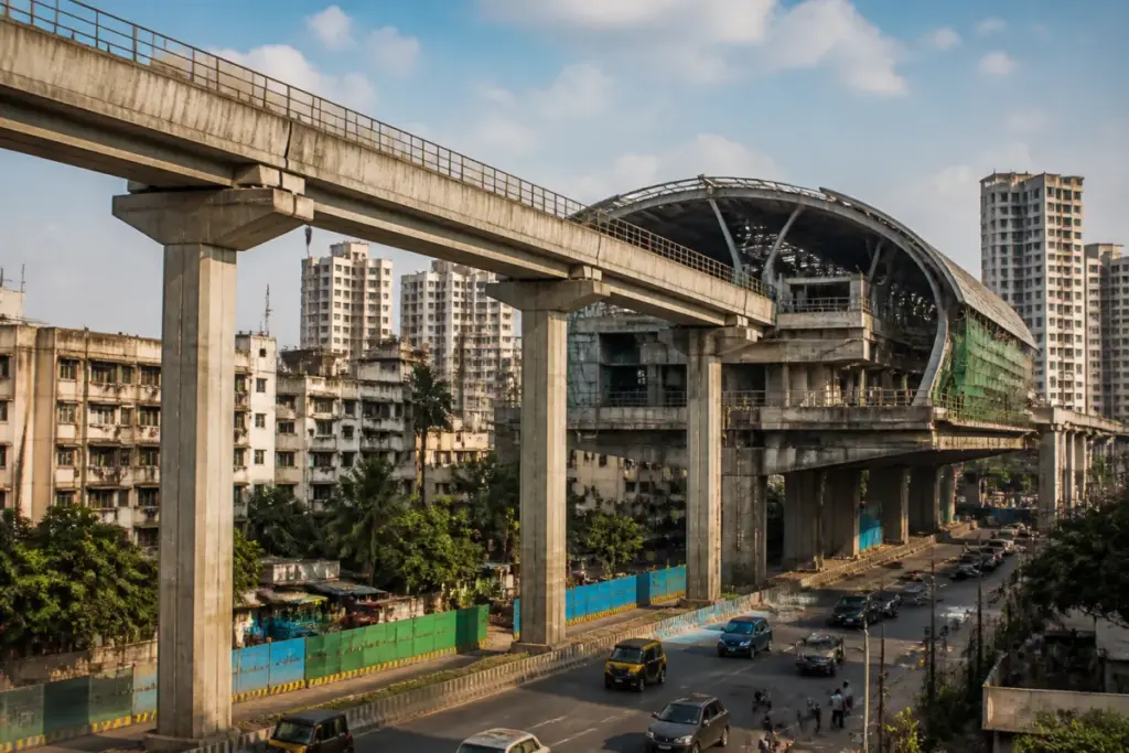 Mumbai Metro Line 9 construction and elevated tracks connecting Mira-Bhayandar