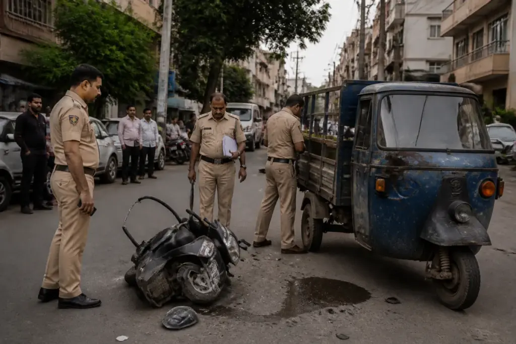Delhi road accident scene involving a scooter and cargo vehicle on a city street