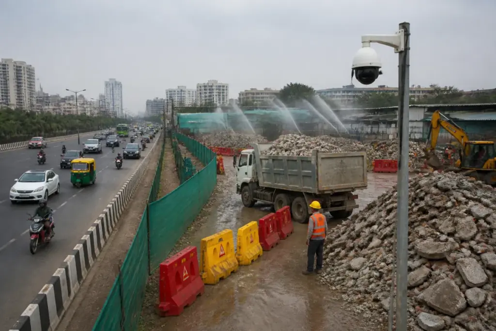Delhi C&D waste collection centre with barricades, water sprinklers and construction debris