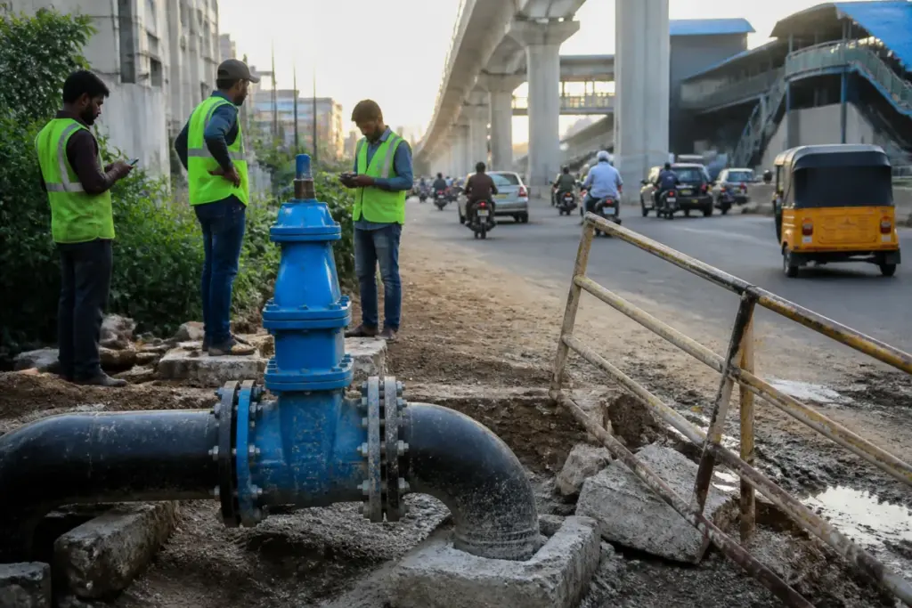 Hyderabad drinking water supply pipeline near Nagole after valve repairs