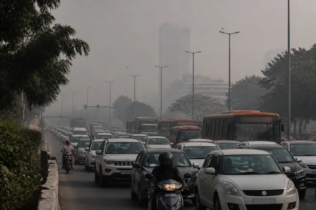 Delhi air quality worsening under a hazy winter sky with traffic on a city road