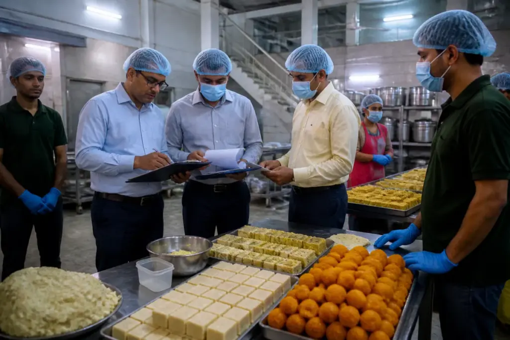 Delhi food safety inspections at a sweets unit with workers and packaged Indian sweets