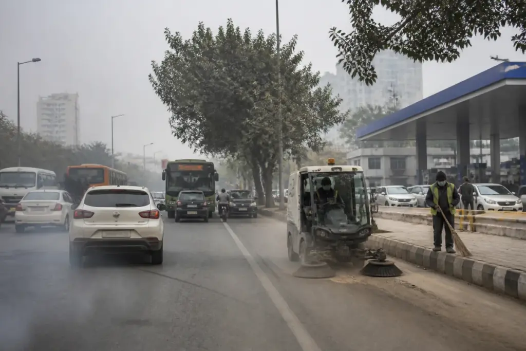 Delhi winter pollution plan with traffic and road-cleaning operations on a city street