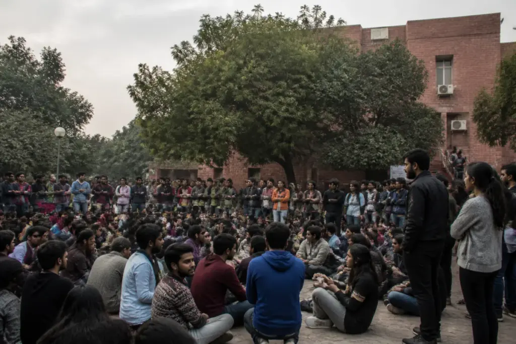 JNU students protest near a university campus building in Delhi