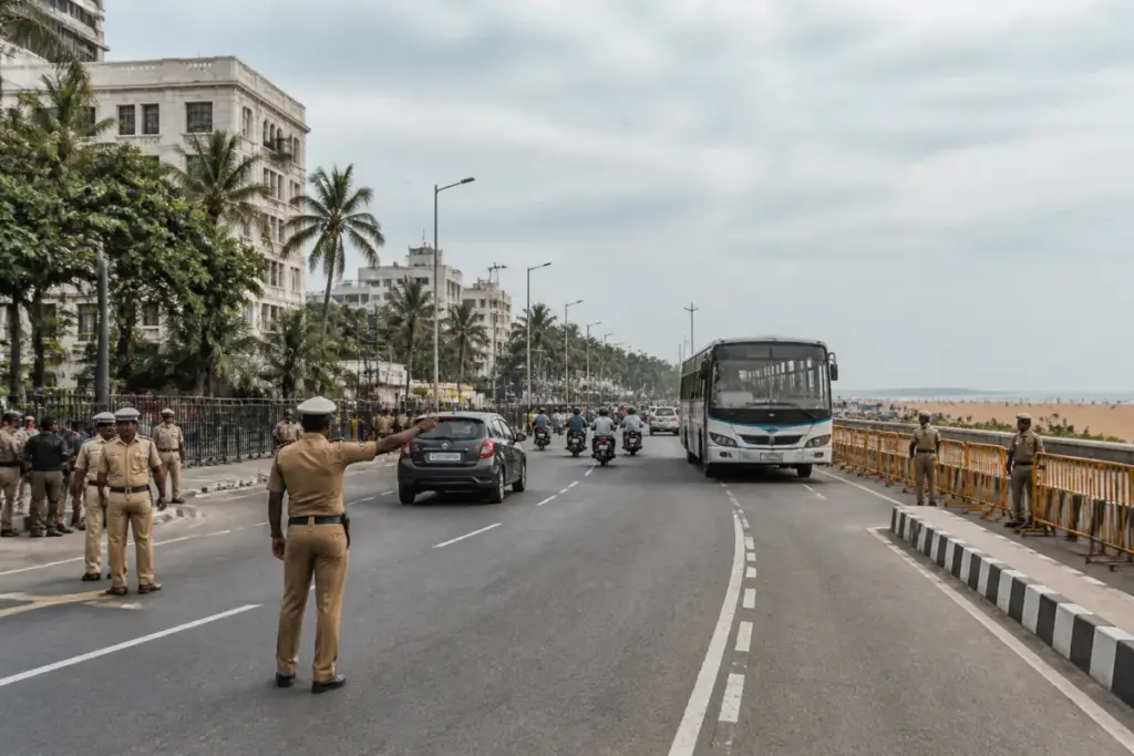Chennai traffic diversions on Kamarajar Salai during a police parade arrangement