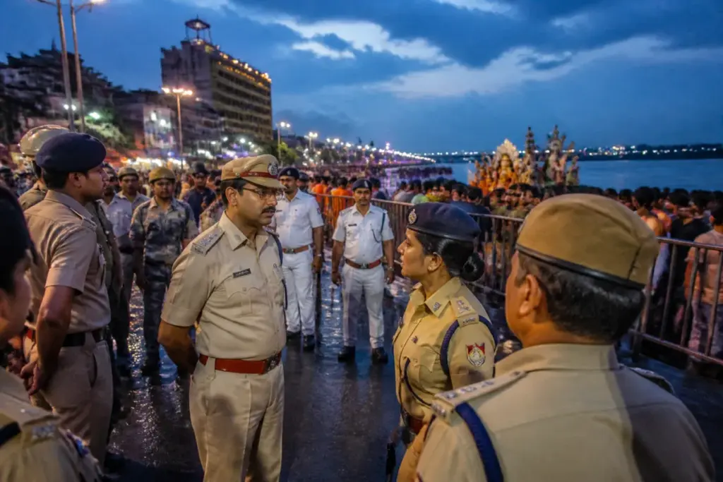 Kolkata immersion security officers monitoring a crowded Durga Puja procession near a city ghat