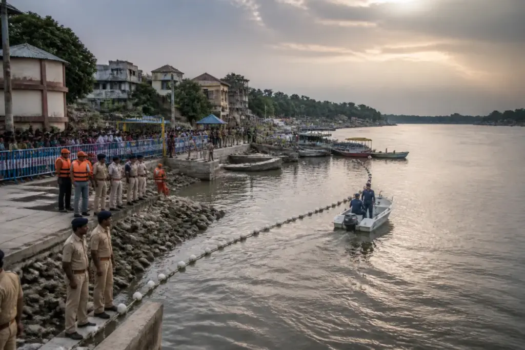 Taki Durga idol immersion preparations along the Ichhamati river with police and security personnel