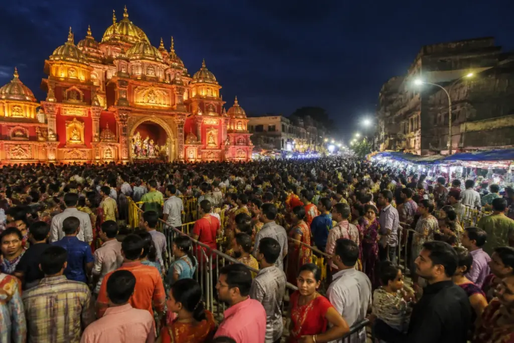 Kolkata Durga Puja crowds queue outside an illuminated pandal on Maha Navami