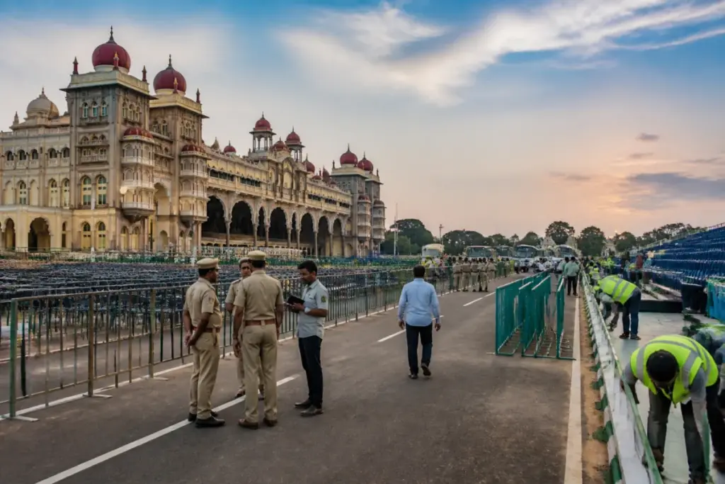 Mysuru Dasara Jamboo Savari preparations with barricades and seating at Amba Vilas Palace
