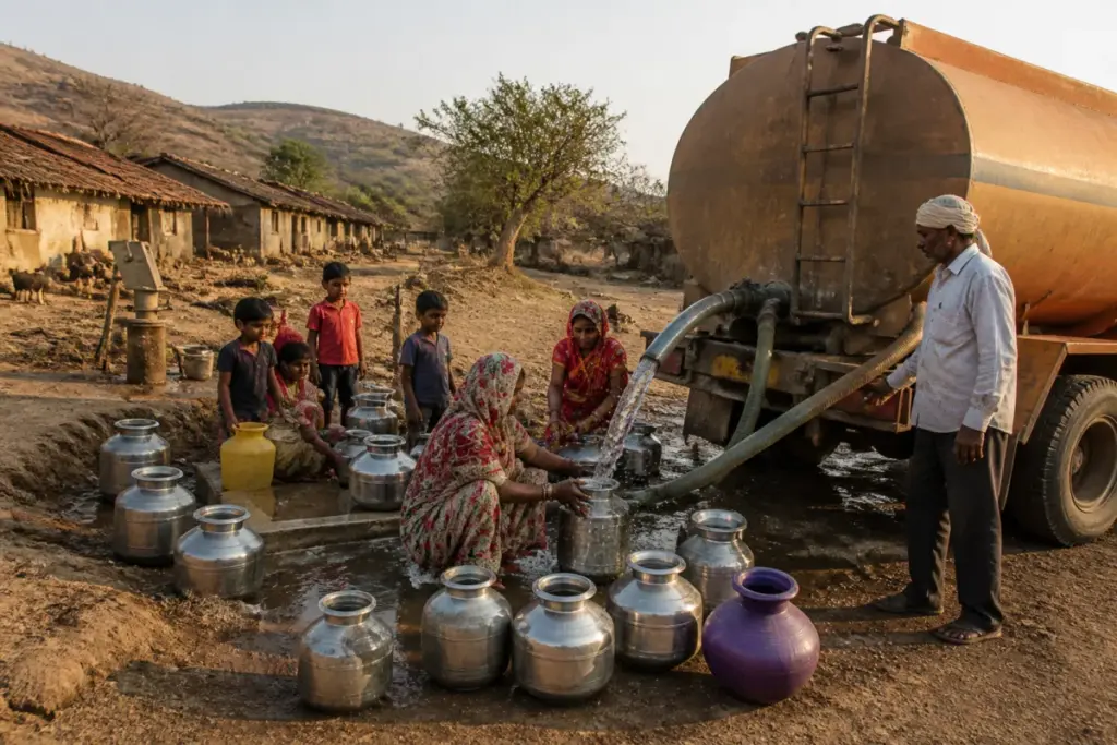 Pune drought response with a water tanker supplying a rural Maharashtra settlement