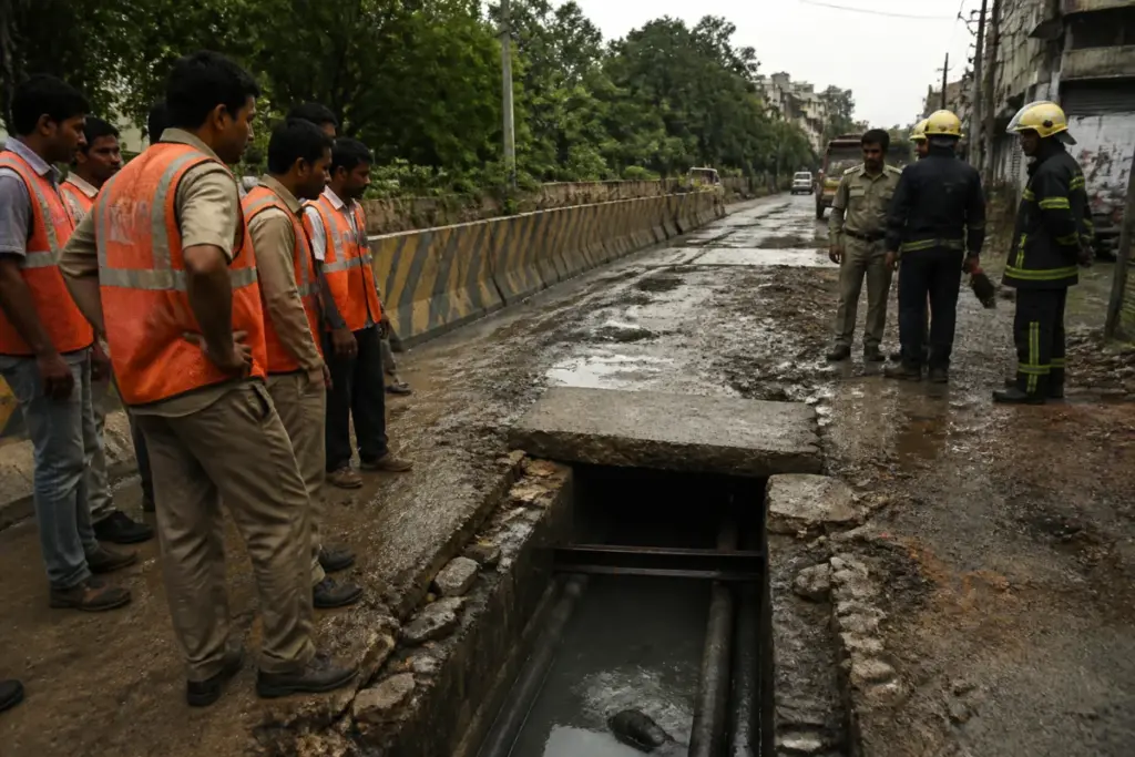 Ahmedabad open drain beside a road, highlighting an exposed civic safety hazard