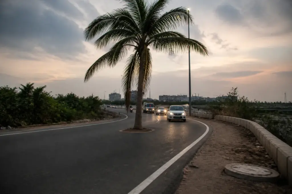 Coconut tree obstructing a new Ramol road in Ahmedabad, highlighting road safety concerns.