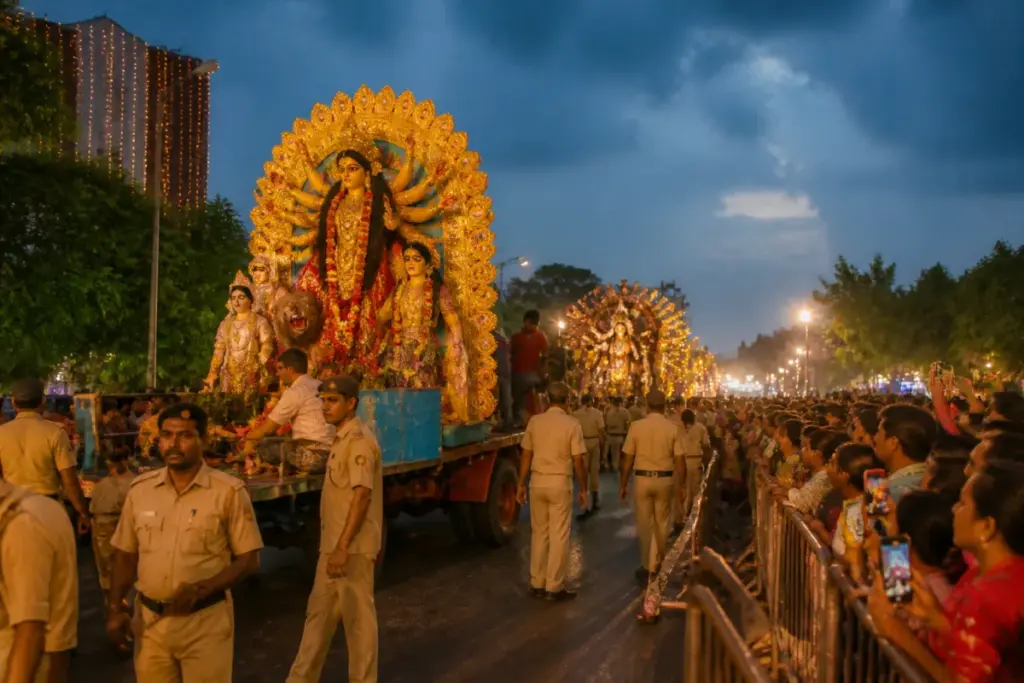 Bhubaneswar Dussehra immersion procession under police safety and noise-control restrictions