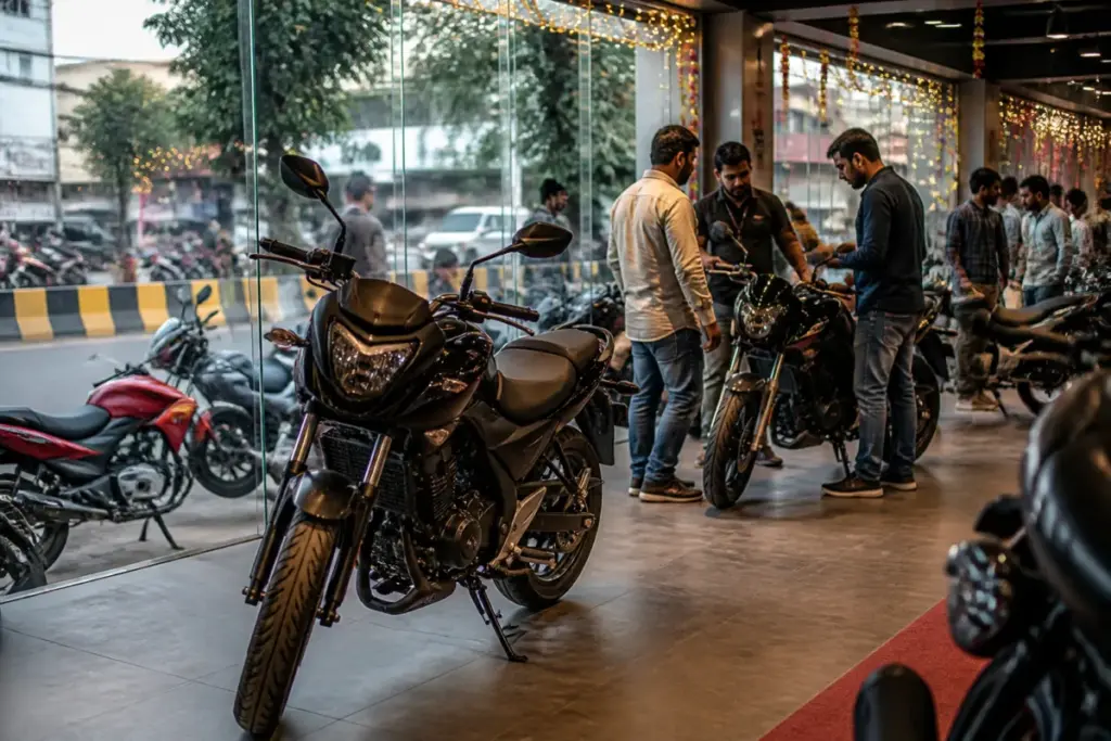 Motorcycle discounts displayed at an Indian two-wheeler dealership during the festive season