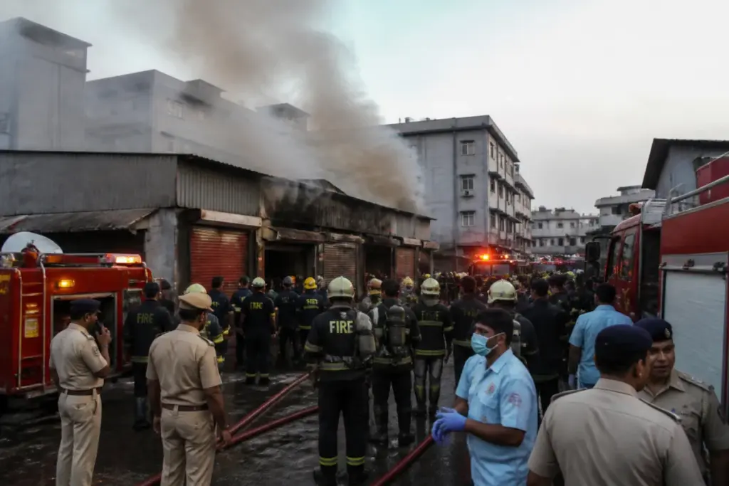 Firefighters respond to the Sakinaka scrap godown fire in Mumbai