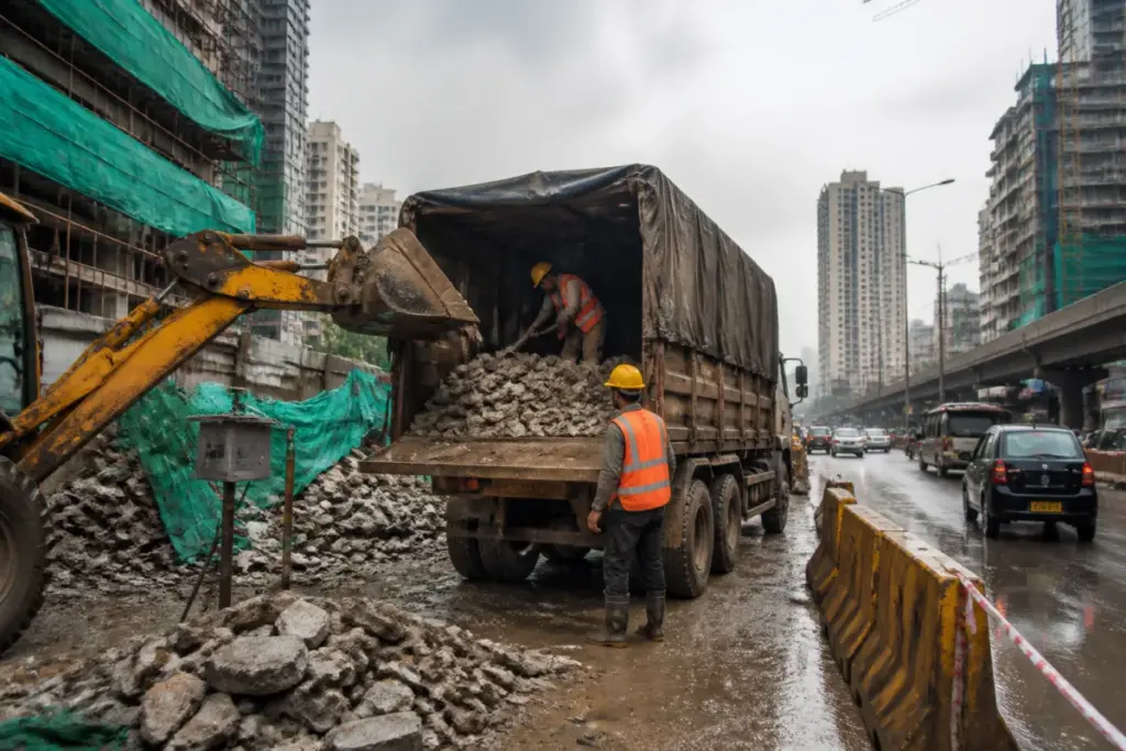 Mumbai C&D waste being transported in tracked vehicles near a construction site