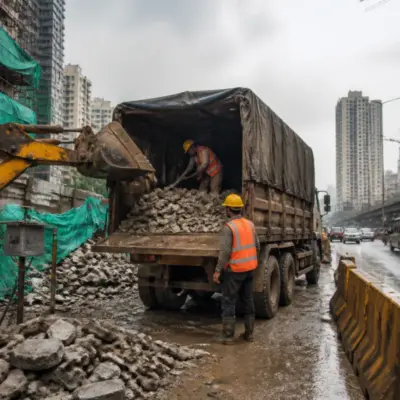 Mumbai C&D waste being transported in tracked vehicles near a construction site