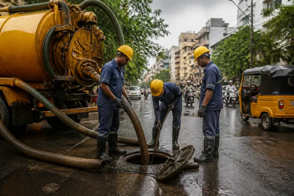 Chennai sewage cleanup workers clearing a city sewer line with suction equipment