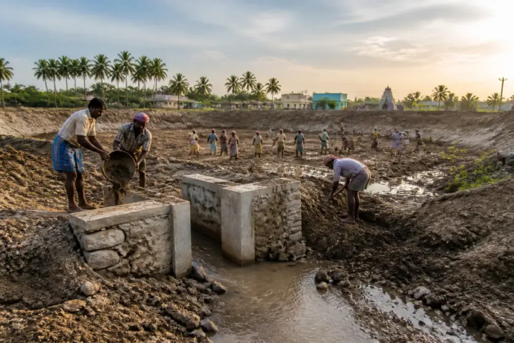 Tamil Nadu water conservation projects with workers restoring a rural pond and groundwater recharge infrastructure