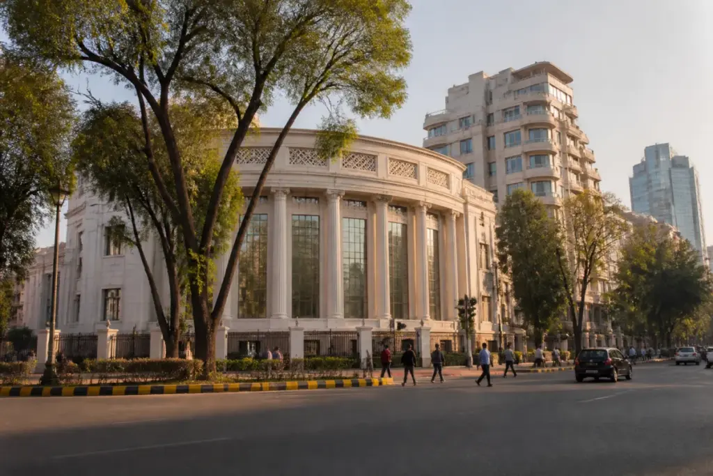 NDMC property tax proposal represented by a New Delhi municipal building and surrounding properties