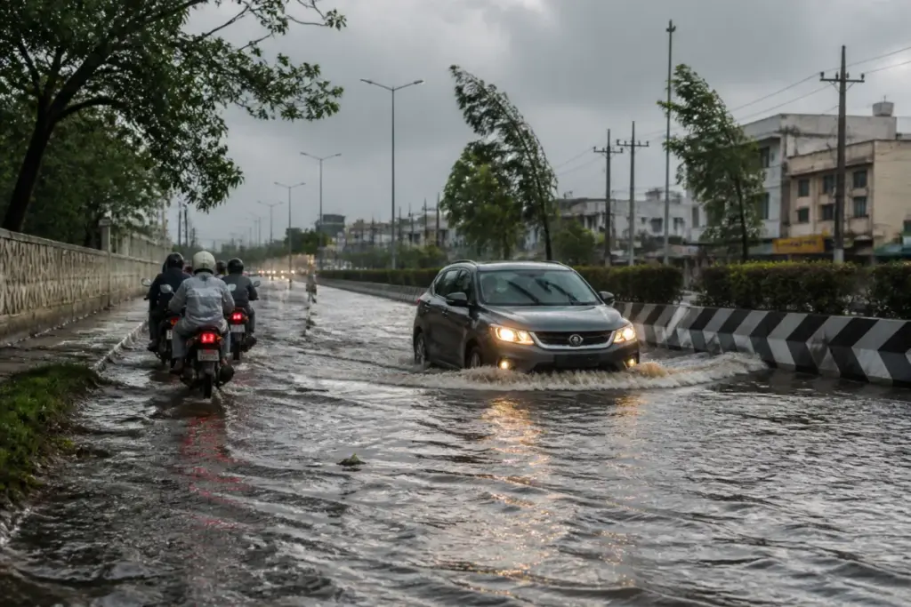 Tamil Nadu rain alert showing heavy rain over a flooded urban road