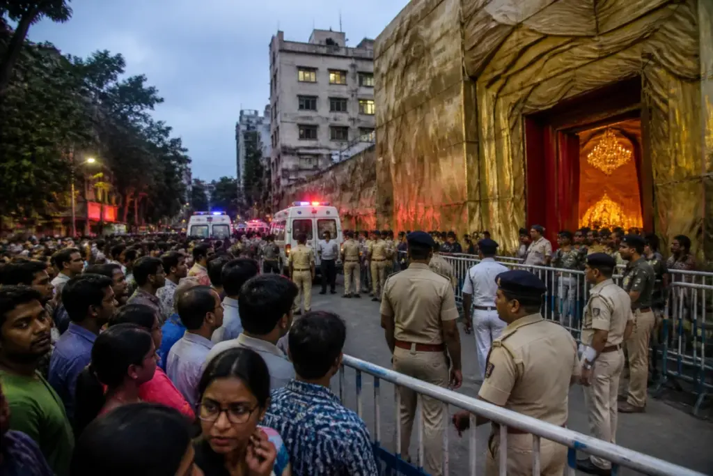 Police and crowds near a Kolkata Durga Puja pandal after the Kolkata stampede