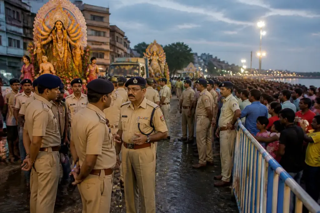 Kolkata Durga immersion security officers managing a crowded procession near a city riverfront