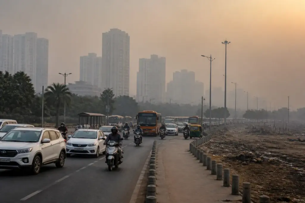 Delhi AQI forecast showing hazy skies over the city after Dussehra celebrations