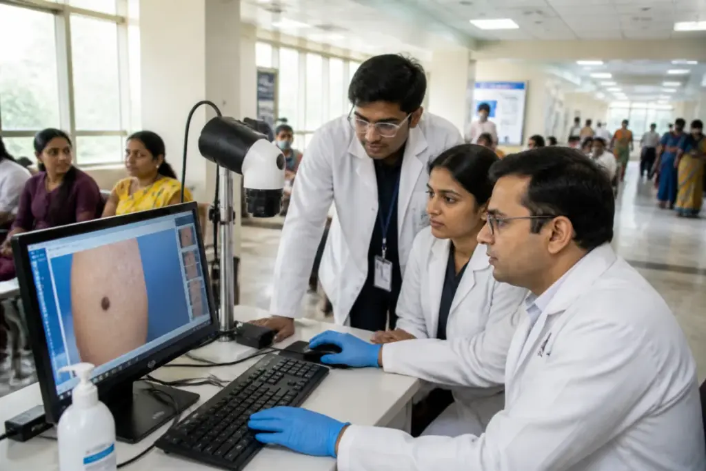 IndusDerma AI tool being used by doctors to assess skin disease images at an AIIMS outpatient clinic