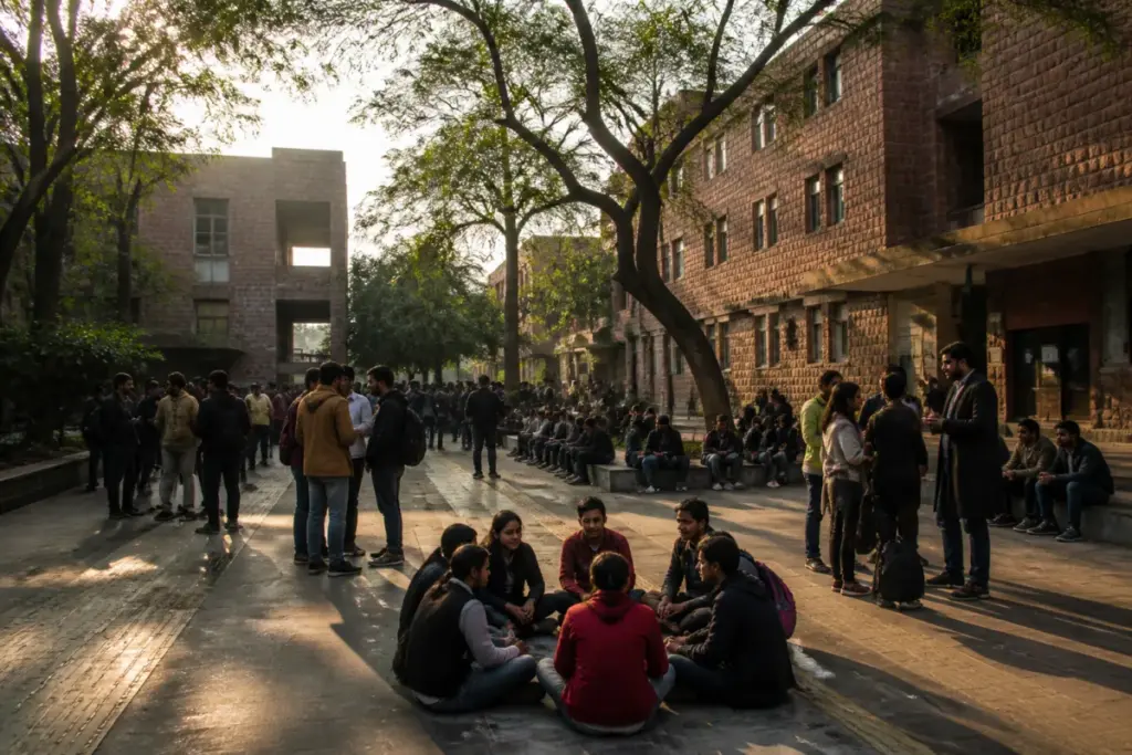 JNU campus buildings representing the end of the JNU hunger strike and promised hostel reforms