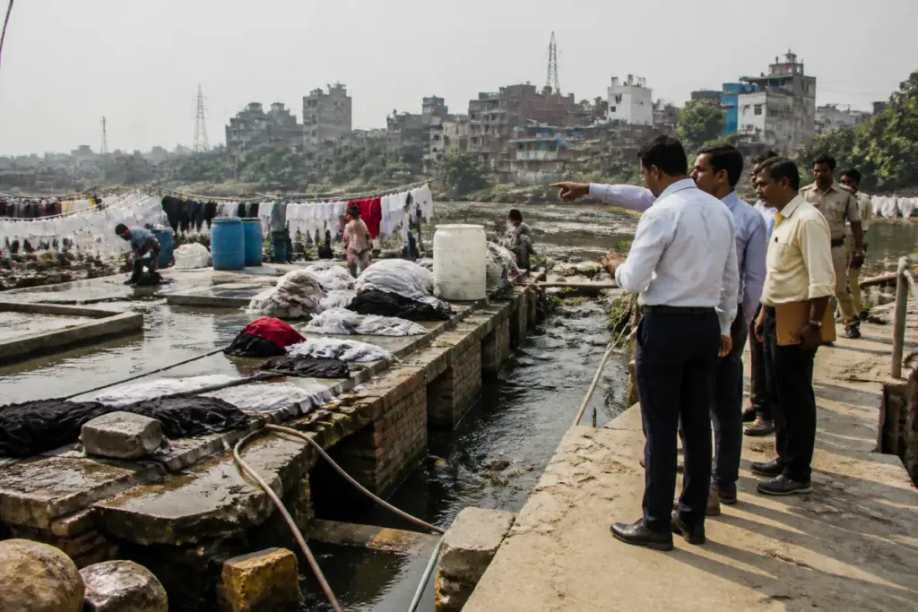 Yamuna pollution crackdown near an Old Delhi dhobi ghat with wastewater drains and civic enforcement activity