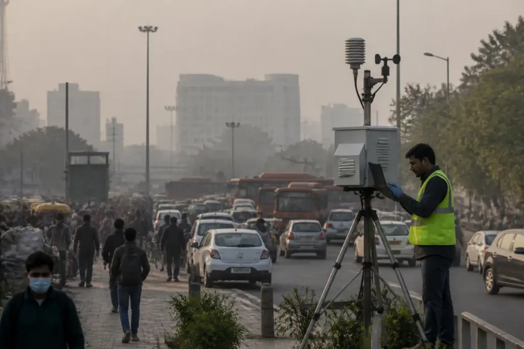 Delhi air pollution project monitoring a busy transport hub with commuters and traffic