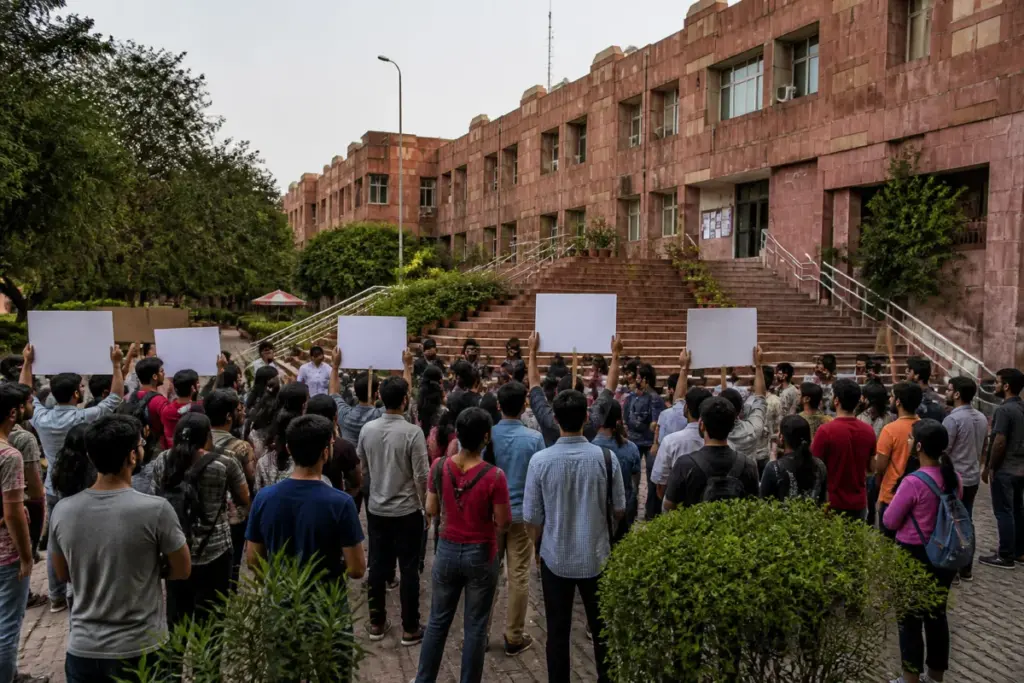 JNU student protest near a university campus building in New Delhi